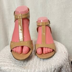 VIA SPIGA Italian Tan Patent Leather Kitten Heel Sandal 7 Dancing Formal Neutral